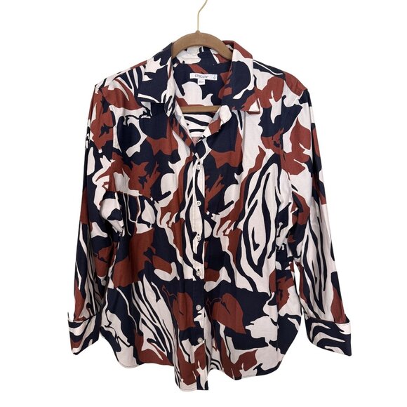 Chico's Button Down Shirt White Brown Blue Print Collared Womans 3/XL - Picture 1 of 6